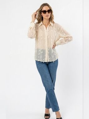 ZARA Ivory Sheer Fringe Collared Button Front Blouse Women Long Sleeve